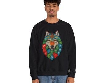 Sudadera con diseño de lobo - Cuello redondo colorido / Regalo de ropa de vida silvestre