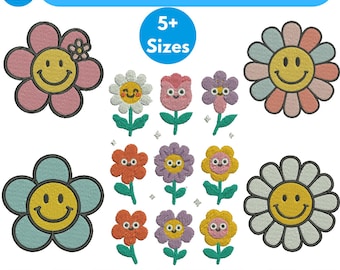 Motif de broderie machine smiley marguerite marguerite motif de broderie machine Happy Daisy Smiley fleur de broderie PES ras du cou fleur marguerite mignonne 5 + taille Dwonload