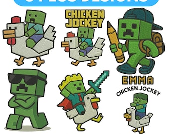 Lot de motifs de broderie poulet Jokey Jeux de personnages Broderie Machine Gamer Poulet Jokey fichiers de broderie Chicken Jockey Games