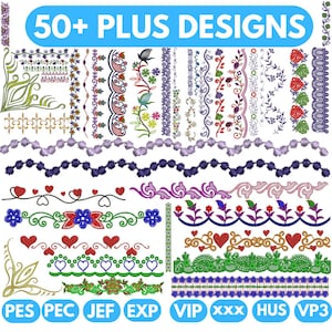 May include: A collection of over 50 embroidery designs, featuring various floral, heart, and geometric patterns. The designs are in a variety of colors, including red, blue, green, and purple. The image also includes the text "50+ PLUS DESIGNS" and file type abbreviations.