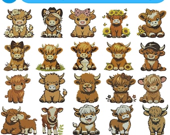 Motif floral de broderie Machine vache Highland, joli bébé vache Highland, broderie de vache Highland tournesol, fichiers PES brodés 5 + téléchargement taille