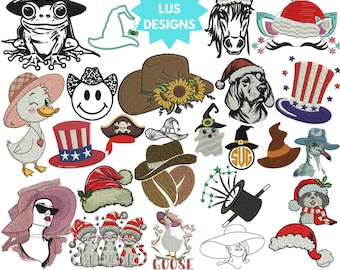 Lot de motifs de broderie de chapeau : père Noël, chef cuisinier, cow-boy - 4 tailles