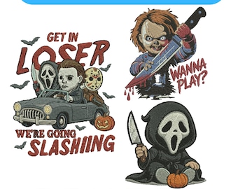 Motif de broderie d'Halloween Get In Loser Motif de broderie de personnages d'Halloween Motif de broderie de personnages de films d'horreur Scary Killer Broderie 3 fichiers de tailles