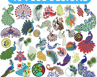Motif de broderie machine paon : plumes colorées, 4 tailles (fichier PES)