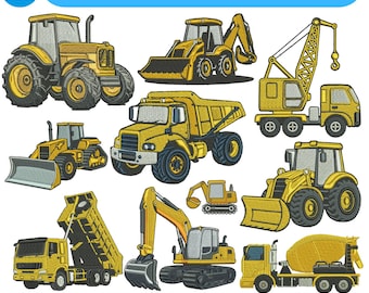 Motif de broderie Véhicules de construction, Mini camions de chantier, Camion-benne, Chargeur frontal, Pelle, Casquette, Mini jeu de construction Emb 5