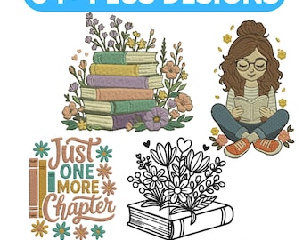 Motif de broderie amateur de livres : fille florale lisant (DST, PES, PDF)