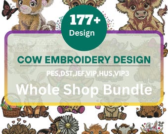 Lot de motifs de broderie bébé vache Highland : animal floral de la ferme (téléchargement instantané)