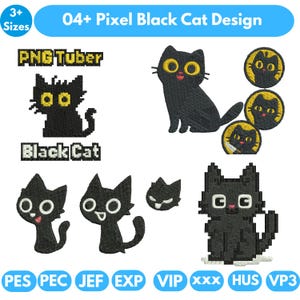 May include: A collection of black cat designs in a pixelated style. The designs include various poses and expressions, with yellow eyes and pink tongues. Text includes "04+ Pixel Black Cat Design", "PNG Tuber", and "Black Cat".