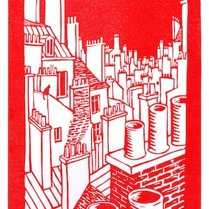 Linocut &quot;Cat and Chimneys&quot; - original print - engraving & handmade printing Paris - hand made artisanal linocut print