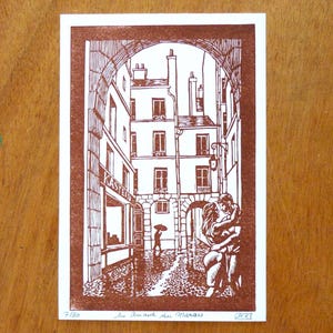 Linocut &quot;Les Amants du Marais&quot; - original print - engraving & handmade printing Paris - hand made artisanal linocut print