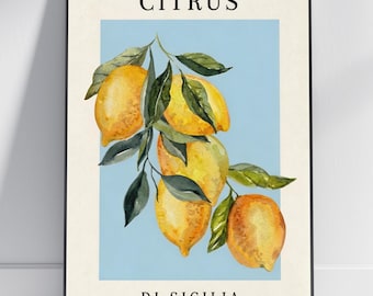 Póster de cítricos italianos de Sicilia - Ilustración botánica en acuarela, amarillo y naranja, verde oliva
