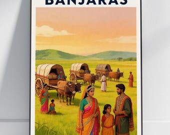 Vintage Travel Banjaras Art Print – granatowy i pomarańczowy, stylizowana ilustracja