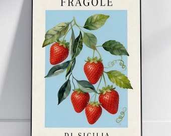 Lámina artística Fragole di Sicilia - Ilustración botánica en acuarela, rojo y verde, fresas de Sicilia