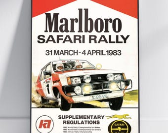 Cartel del Rally Safari Marlboro de 1983 – Arte de carreras vintage de Nissan (Kenia)