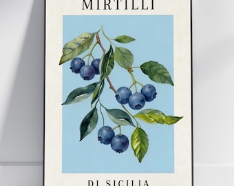 Lámina artística Mirtili Di Sicilia - Acuarela botánica, azul marino y azul claro, cocina