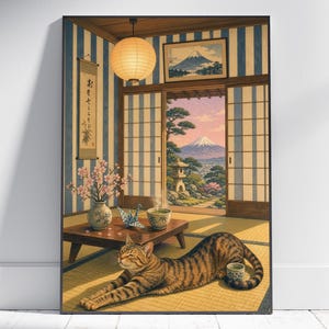 以下が含まれることがあります： 穏やかな日本の室内シーンを描いた額入りのプリント。縞模様の猫が畳の上で伸びをしています。低いテーブルにはティーカップと花瓶が置かれています。背景には山と庭園の景色が描かれています。