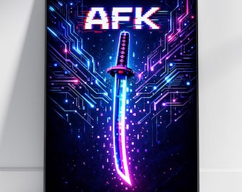 Lámina artística Neon AFK Cyber Katana, decoración de pared futurista para videojuegos.