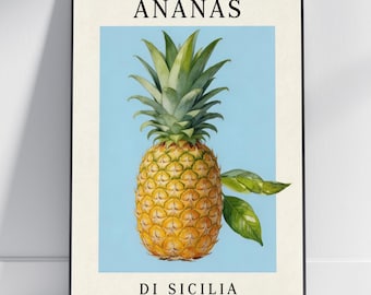 Póster de Piñas de Sicilia - Acuarela botánica, azul claro y naranja dorado, cocina