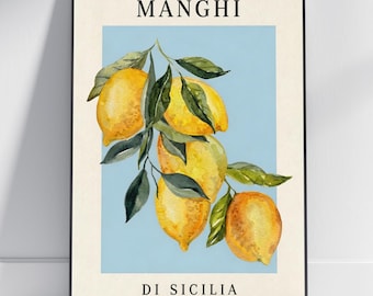 Manghi di Sicilia Mango Art Print - Acuarela Botánica, Azul Cielo y Naranja Dorada