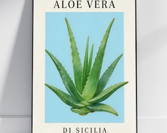 Póster de Aloe Vera - Ilustración botánica vintage, turquesa y verde salvia, Sicilia