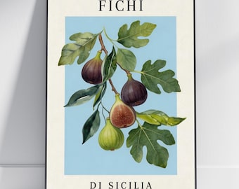 Lámina artística Fichi Di Sicilia - Ilustración botánica en acuarela, azul claro y verde para la cocina