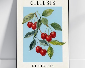 Póster Cerezas de Sicilia - Ilustración botánica, Rojo y verde oscuro, Sicilia