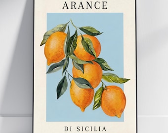 Lámina artística Arance di Sicilia - Ilustración botánica en acuarela, naranja y verde oscuro
