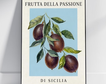 Cartel de Frutta della Passione - Acuarela botánica, azul claro y granate profundo, Cocina Sicilia