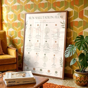 May include: A framed poster titled SUN SALUTATION FLOW featuring twelve numbered yoga poses in a line drawing style with text in English and Sanskrit. The poster has a light background with muted earth-toned circles and green leaf accents.