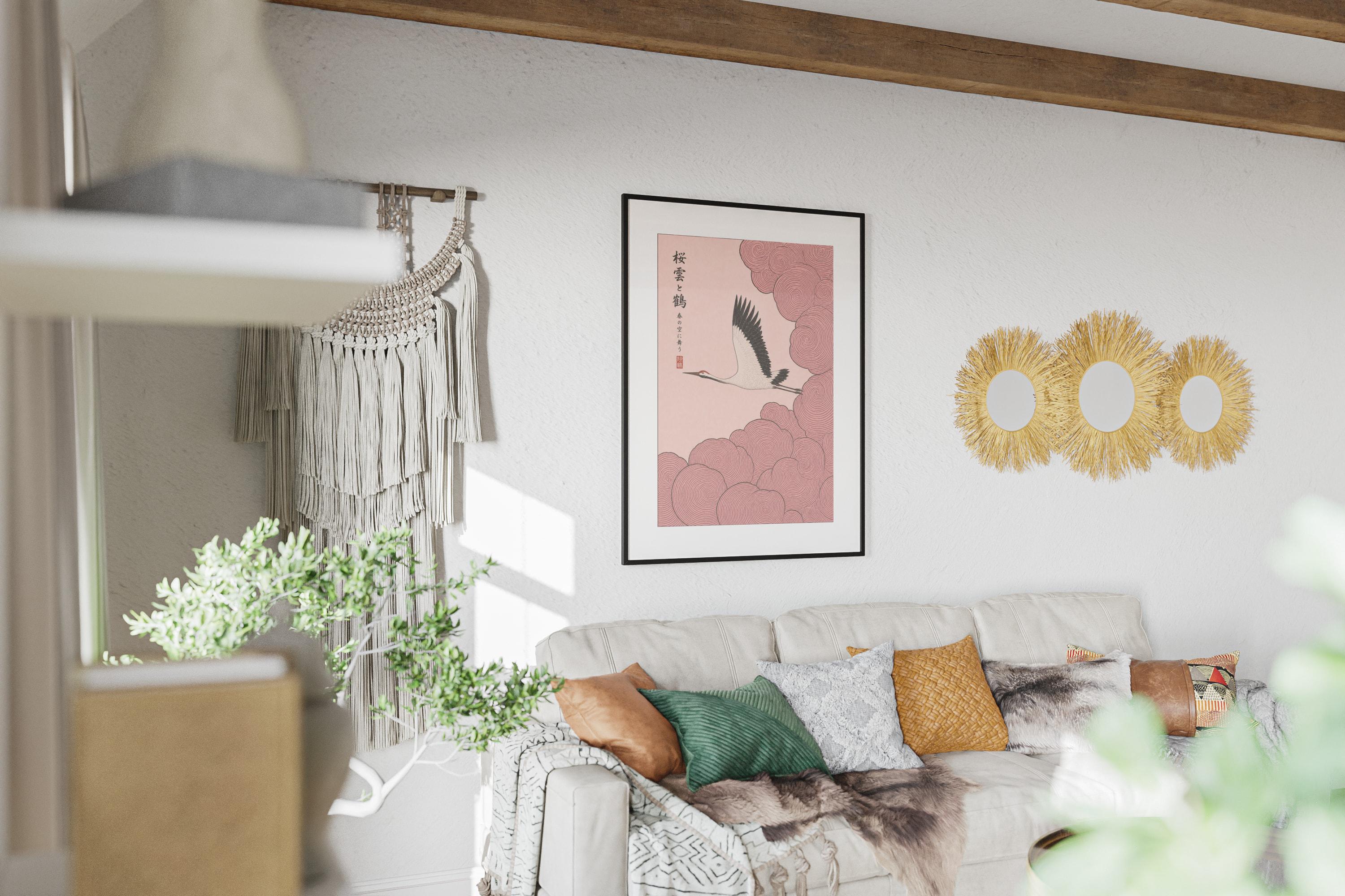 Sakura Clouds and Crane Poster - Modern Ukiyo-e Gouache Look, Black and ...