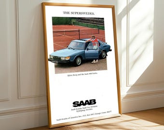 Vintage Saab 900 Turbo Poster – Björn Borg 70s-80s Swedish Automotive Art