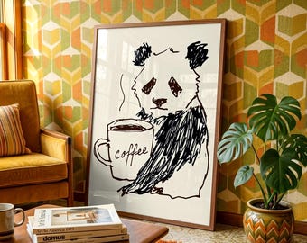 Panda Coffee Wall Art, Minimalist Animal Print, Cute Panda Lover Gift, Whimsical Coffee Bar Decor, Modern Black and White Art Poster
