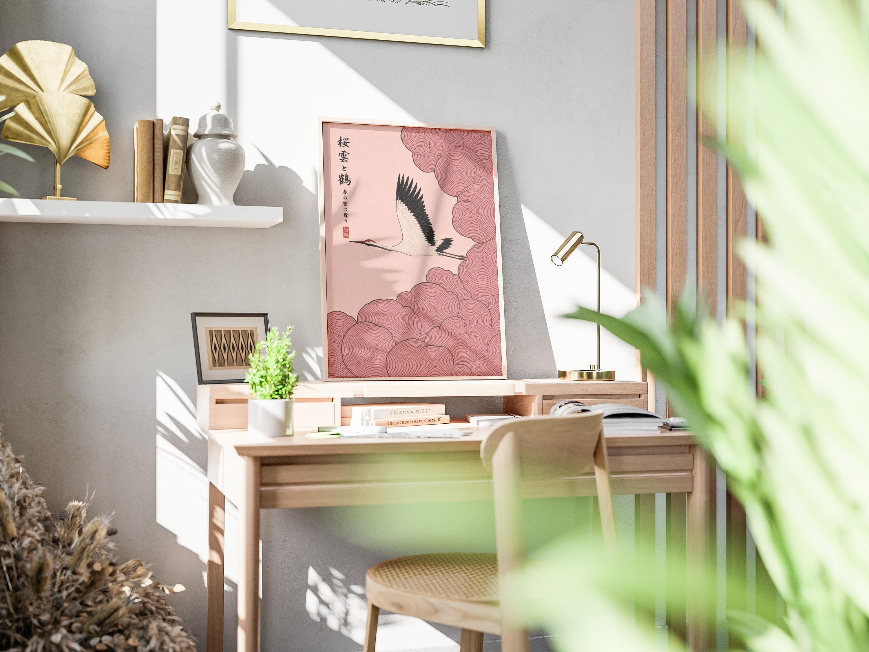 Sakura Clouds and Crane Poster - Modern Ukiyo-e Gouache Look, Black and ...