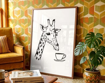 Giraffe Drinking Coffee Wall Art, Minimalist Animal Line Drawing Poster, Whimsical Safari Decor, Unique Gift for Animal Lovers
