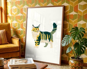 Retro Cat Wall Art Print, Mid Century Modern Animal Poster, Groovy 70s Style Feline Decor, Colorful Whimsical Kitty Gift