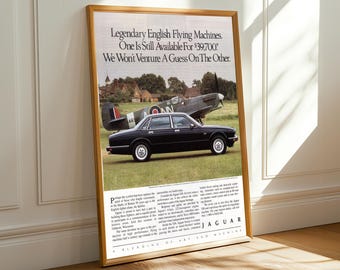 Oshkosh Jaguar XJ6 Art Print – Vintage Travel, Black and Blue, Photorealistic Collage