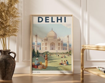 Lámina artística del Taj Mahal - Viaje vintage, color crema y azul pálido