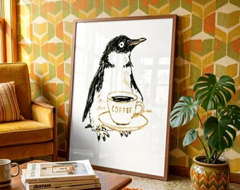 Funny Penguin Coffee Wall Art, Cute Animal Illustration Poster, Whimsical Kitchen Decor, Quirky Bird Art Print, Unique Housewarming Gift