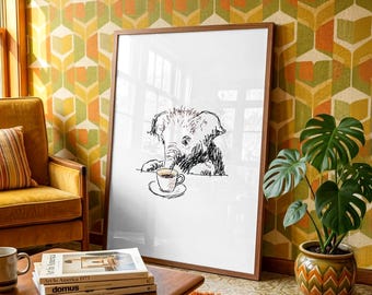 Whimsical Elephant Art Print - Funny Coffee Elephant Wall Decor
