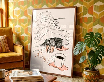 Dachshund Dog Wall Art Print, Cute Puppy Illustration, Mid Century Modern Decor, Coffee Lover Gift, Whimsical Pet Lover Poster