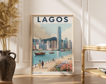 Póster de Lagos: viaje vintage, azul marino y verde azulado, colores lisos