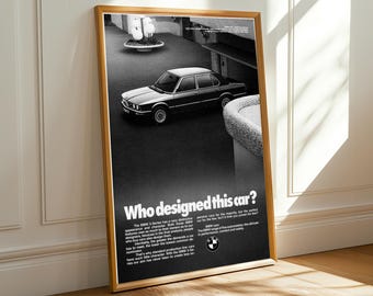Póster de un sedán BMW clásico – Impresión automotriz en blanco y negro