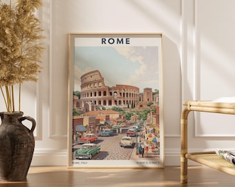 Póster del Coliseo - Viaje de mediados de siglo, color tostado y rojo ladrillo