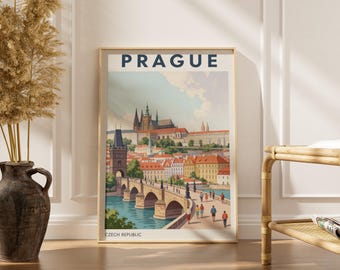 Póster del Puente de Carlos de Praga en colores planos, azul cielo y verde azulado