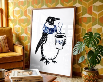 Funny Penguin Coffee Art Print, Cute Bird with Coffee Cup Wall Decor, Whimsical Animal Illustration Poster, Unique Gift for Coffee Lovers