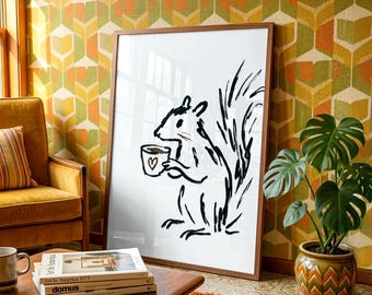 Coffee Drinking Squirrel Wall Art, Minimalist Black and White Animal Sketch Poster, Cute Squirrel with Coffee Mug Home Decor Gift