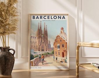 Lámina artística de Barcelona - Bloques de colores planos, azul cielo y beige