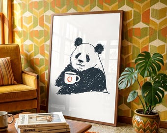 Cute Panda Bear Wall Art, Minimalist Panda Drinking Coffee Poster, Modern Animal Illustration, Unique Gift for Teenagers and Adults