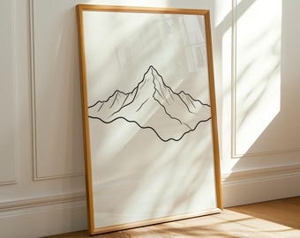 Lámina artística de los Alpes - Arte lineal minimalista, blanco y negro, gris claro
