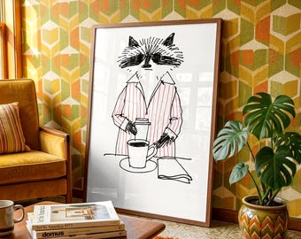 Retro Raccoon Art Print - Whimsical Animal Portrait - Vintage Style Decor - Gift For Kids - Unique Wall Art